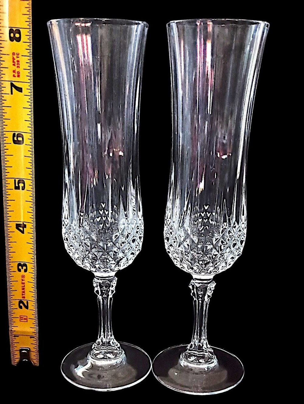 2 Cristal d'Arques Longchamp Champagne Flutes Diamond Cut Lead Crystal Vintage